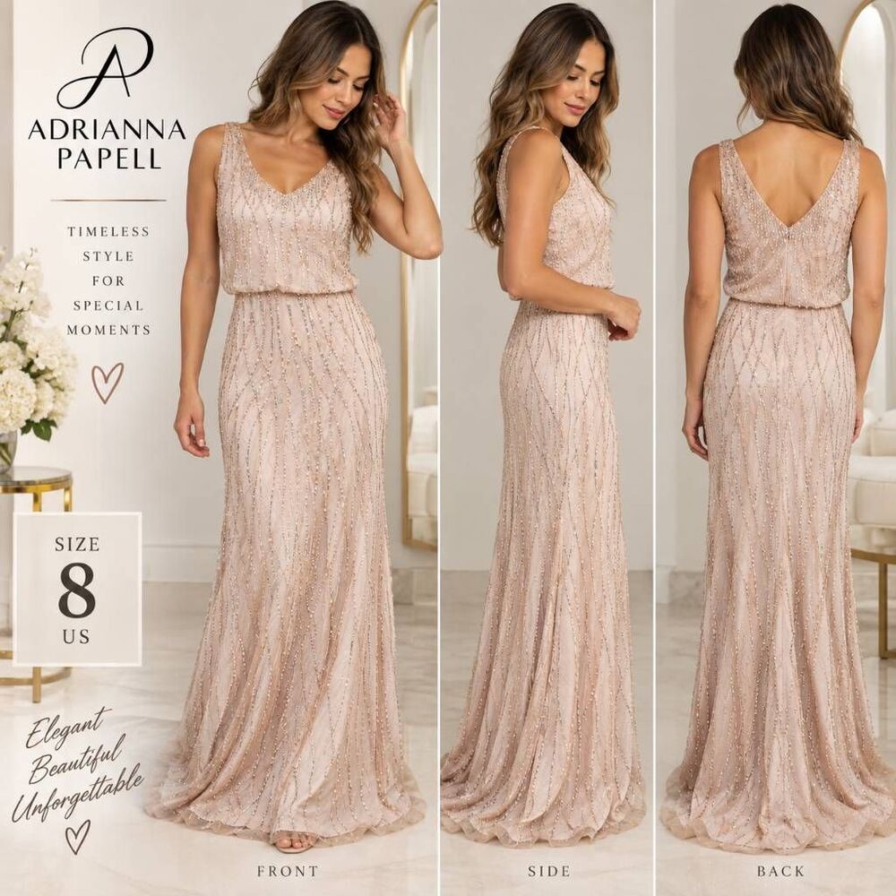 Adrianna Papell Women’s 8 Blush Pink Sequin Beaded Sleeveless Maxi Gown